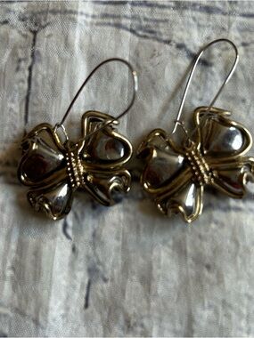 BUTTERFLY SILVER AND GOLD TONE LONG HOOK 3D STYLE PIERCED EARRINGS